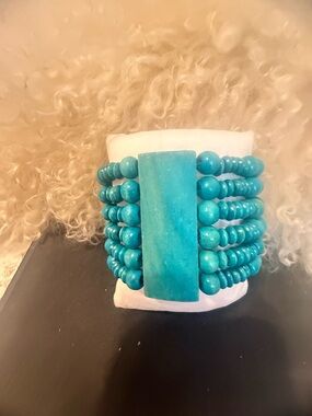Turquoise Beaded Multi-Strand Wood Statement Bracelet